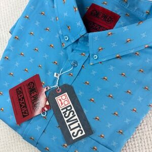 RSVLTS One Piece Lil Straw Hats KUNUFLEX Short Sleeve Shirt Blue 3XL New